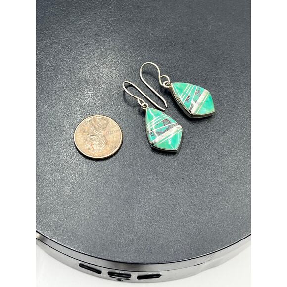E Webster Vintage Sterling Silver Turquoise Inlay Dangle Earrings USA Signed - Picture 4 of 10